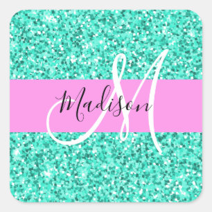 Glam Pink Turquoise Glitter Sparkles Monogram Name Square Sticker