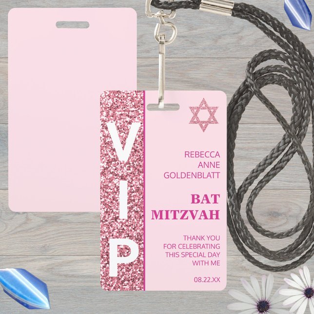 Glam Pink Unique VIP Bat Mitzvah Party Favour ID Badge (Custom VIP badges make fun Bat Mitzvah party favors and keepsakes from the celebration)