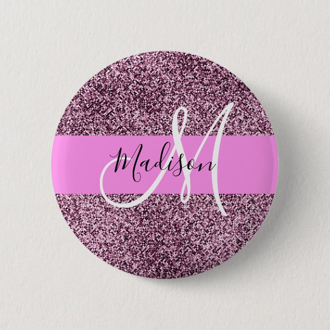 Glam Pink & Violet Glitter Sparkles Monogram Name 6 Cm Round Badge (Front)