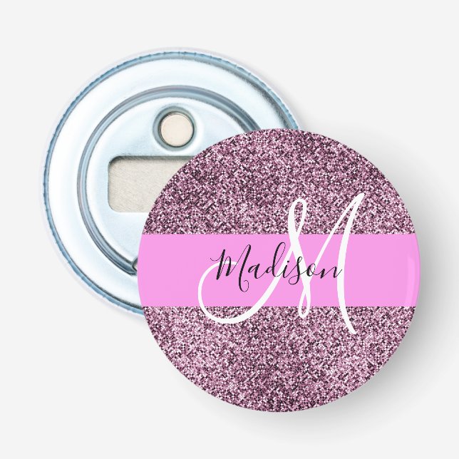 Glam Pink & Violet Glitter Sparkles Monogram Name Bottle Opener (Front)