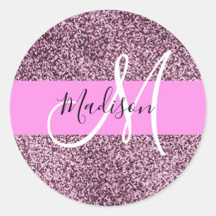 Glam Pink & Violet Glitter Sparkles Monogram Name Classic Round Sticker