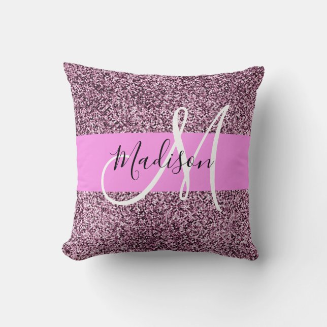 Glam Pink & Violet Glitter Sparkles Monogram Name Cushion (Front)