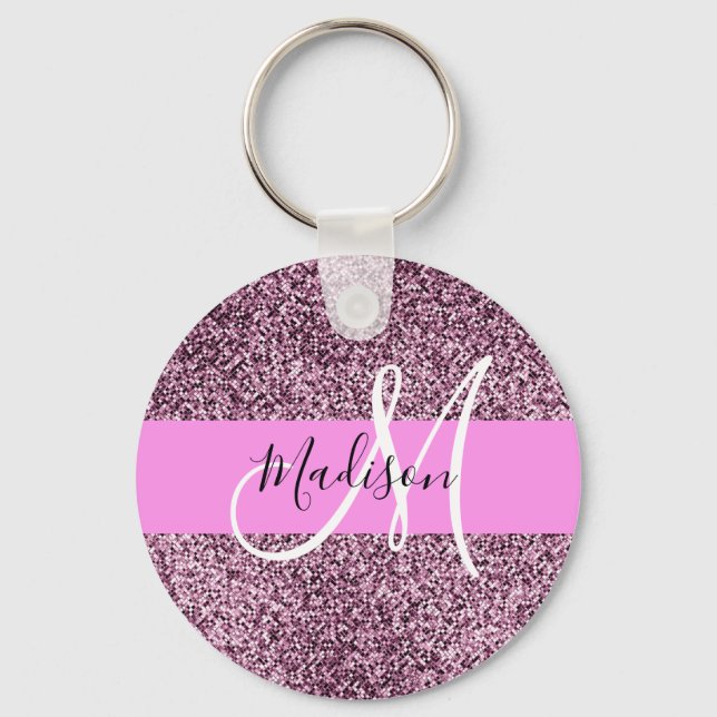 Glam Pink & Violet Glitter Sparkles Monogram Name Key Ring (Front)