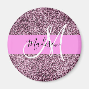 Glam Pink & Violet Glitter Sparkles Monogram Name Magnet