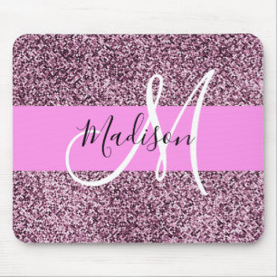 Glam Pink & Violet Glitter Sparkles Monogram Name Mouse Mat