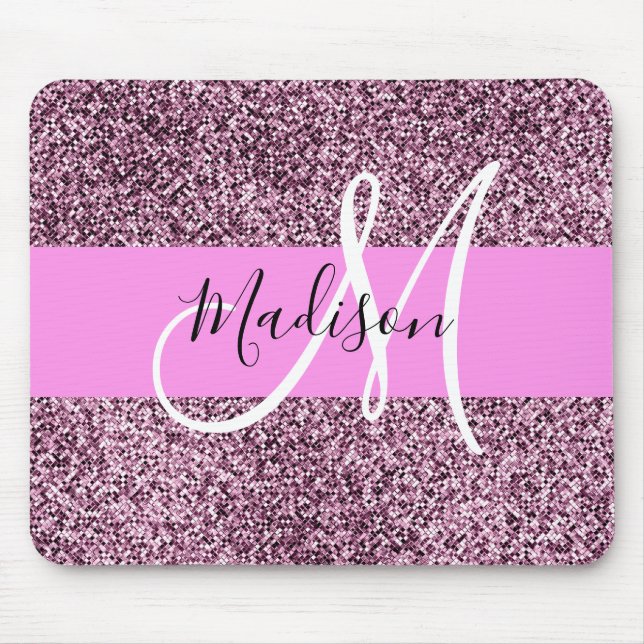 Glam Pink & Violet Glitter Sparkles Monogram Name Mouse Mat (Front)