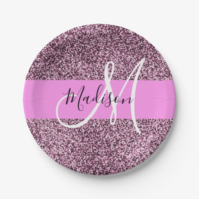 Glam Pink & Violet Glitter Sparkles Monogram Name Paper Plate (Front)