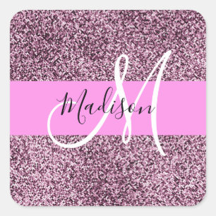 Glam Pink & Violet Glitter Sparkles Monogram Name Square Sticker