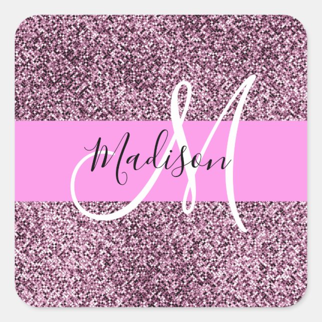 Glam Pink & Violet Glitter Sparkles Monogram Name Square Sticker (Front)