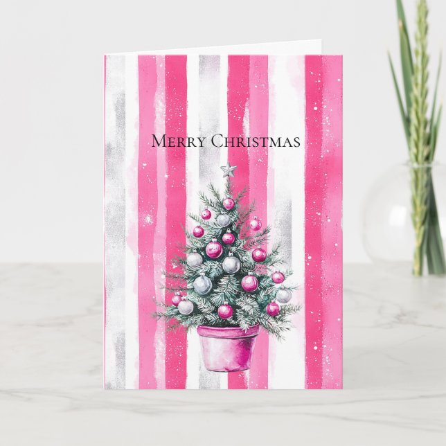 Glam Pink White Christmas Tree Stripes Card (Front)