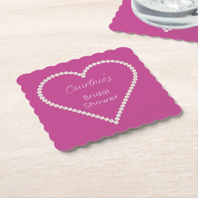 Glam Pink White Pearls Bridal Shower Paper Coaster (Angled)