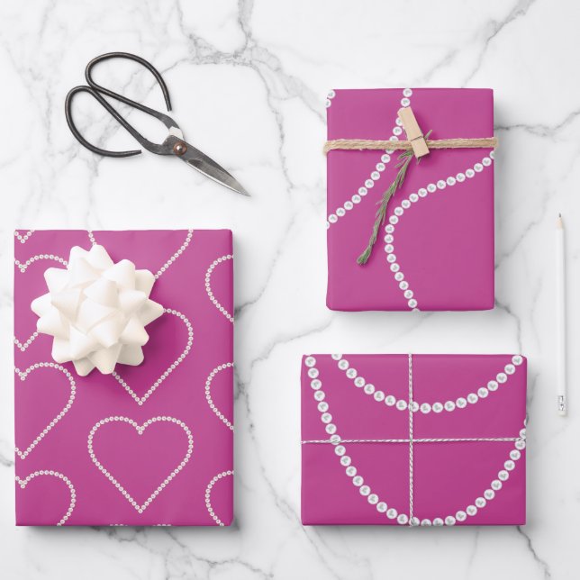 Glam Pink White Pearls Bridal Shower Wrapping Paper Sheet (Front)