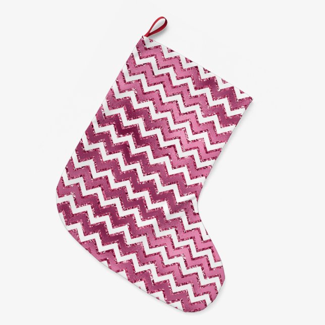 Glam Pink White Zigzag Stripes Large Christmas Stocking (Front (Hanging))