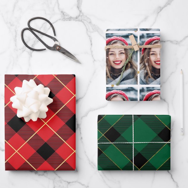 Glam Plaid Christmas Holiday Photo Wrapping Paper Sheet (Front)