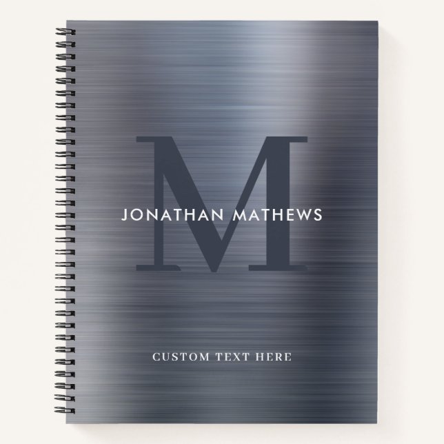 Glam Plain Brushed Metallic Grey Silver Monogram Notebook (Front)