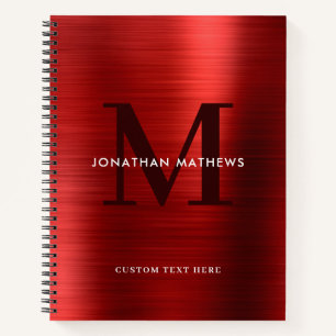 Glam Plain Brushed Metallic Red Monogram Notebook