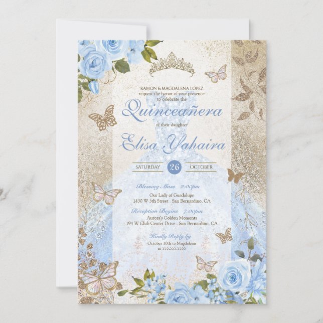 Glam Princess Blue Gold Rose Butterfly Quinceanera Invitation (Front)