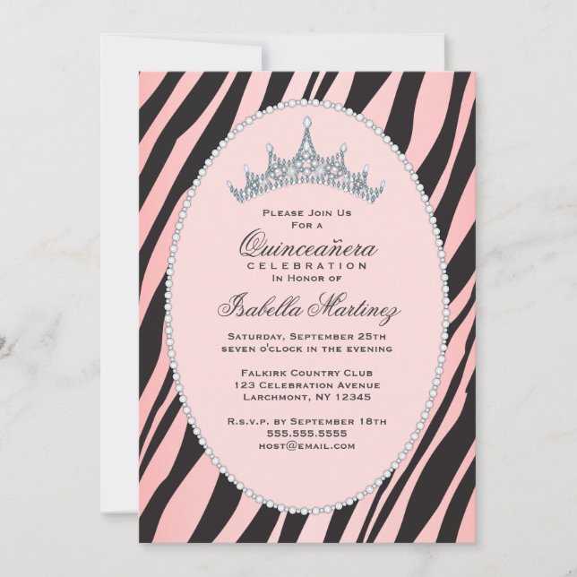 Glam Princess Tiara Zebra Pink Quinceanera Party Invitation (Front)