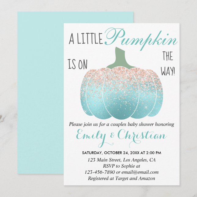 Glam Pumpkin Aqua Peach Orange Glitter Baby Shower Invitation (Front/Back)