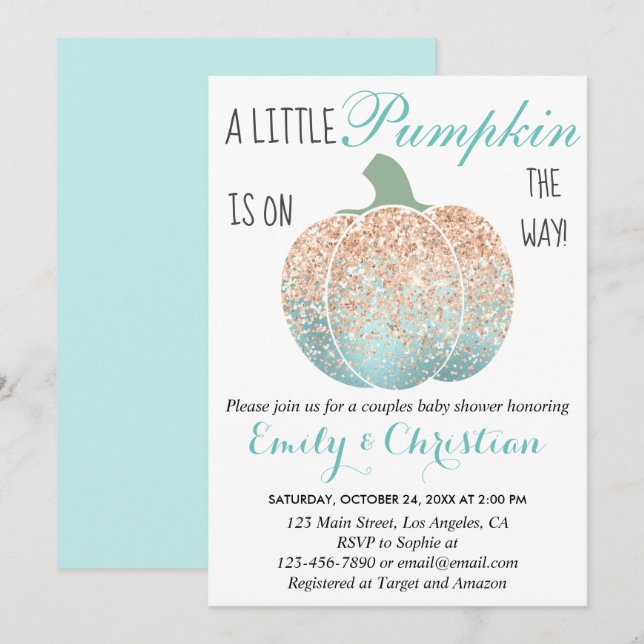 Glam Pumpkin Aqua Peach Orange Glitter Baby Shower Invitation (Front/Back)