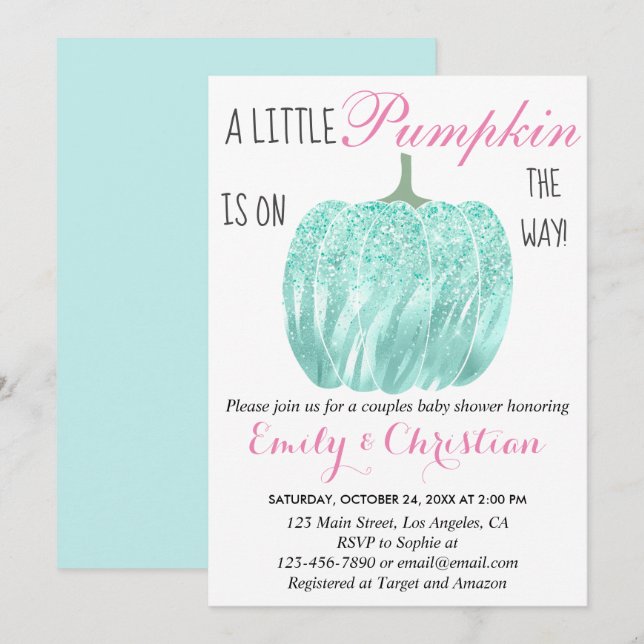 Glam Pumpkin Aqua Turquoise Glitter Baby Shower Invitation (Front/Back)