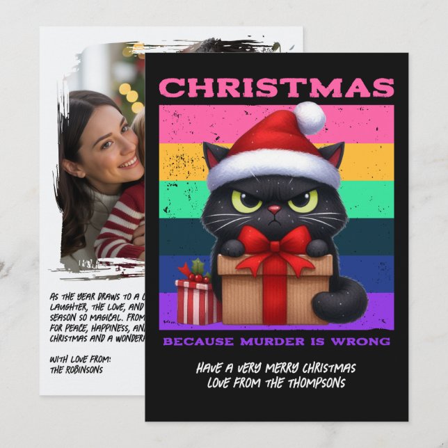 Glam Punk Funny Cat Retro Christmas Photo Holiday Card (Front/Back)