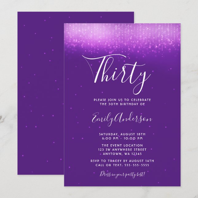 Glam Purple 30th Birthday Invitation (Front/Back)