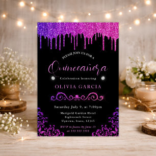 Glam Purple and Pink Gradient Glitter Quinceanera Invitation
