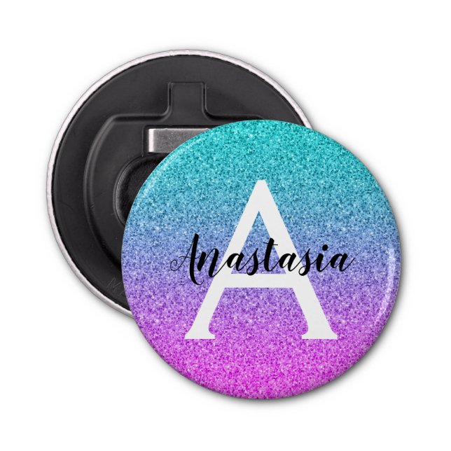 Glam Purple Aqua Glitter Sparkle Gradient Monogram Bottle Opener (Front)