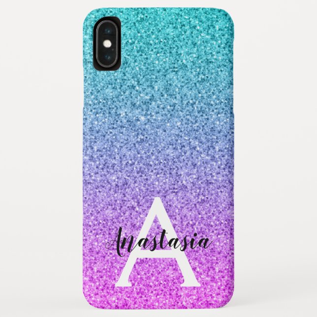 Glam Purple Aqua Glitter Sparkle Gradient Monogram Case-Mate iPhone Case (Back)