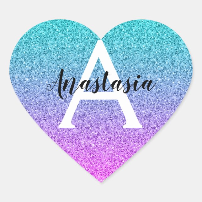 Glam Purple Aqua Glitter Sparkle Gradient Monogram Heart Sticker (Front)