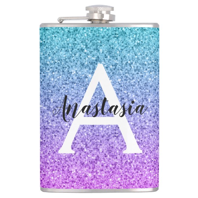 Glam Purple Aqua Glitter Sparkle Gradient Monogram Hip Flask (Front)
