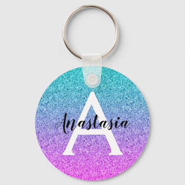 Glam Purple Aqua Glitter Sparkle Gradient Monogram Key Ring (Front)