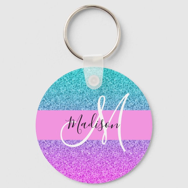 Glam Purple Aqua Glitter Sparkle Gradient Monogram Key Ring (Front)