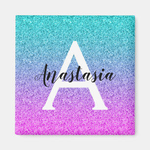 Glam Purple Aqua Glitter Sparkle Gradient Monogram Magnet
