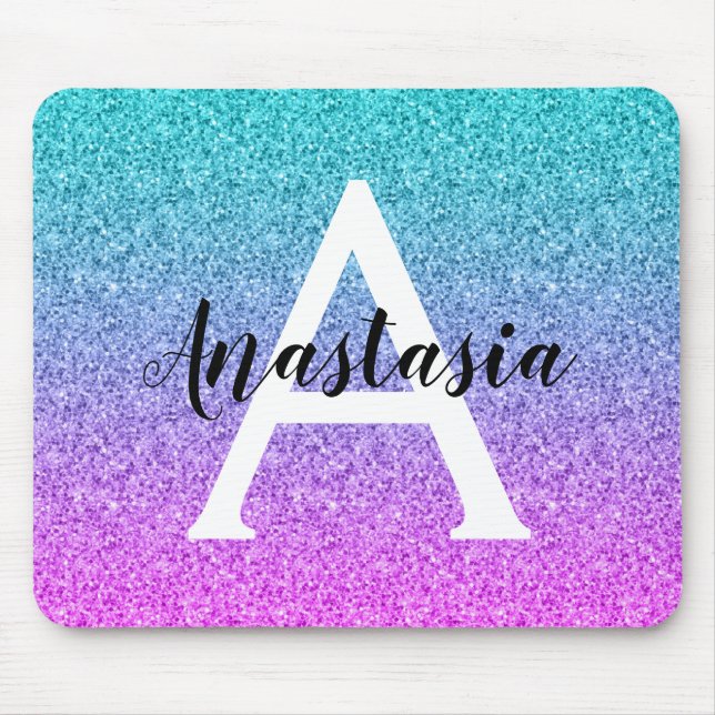 Glam Purple Aqua Glitter Sparkle Gradient Monogram Mouse Mat (Front)