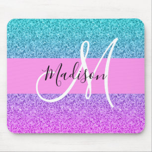 Glam Purple Aqua Glitter Sparkle Gradient Monogram Mouse Mat