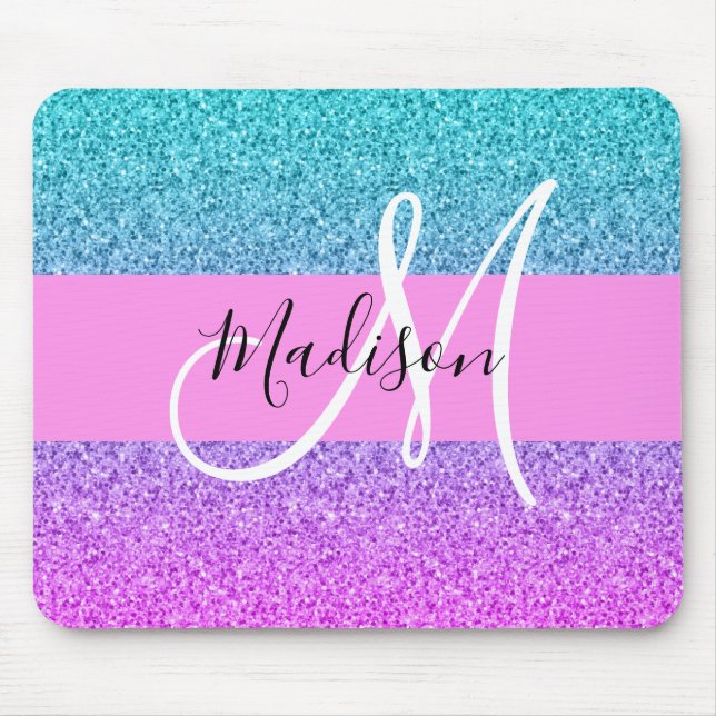 Glam Purple Aqua Glitter Sparkle Gradient Monogram Mouse Mat (Front)