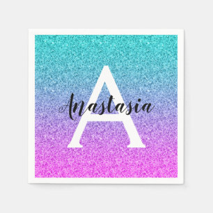 Glam Purple Aqua Glitter Sparkle Gradient Monogram Napkin