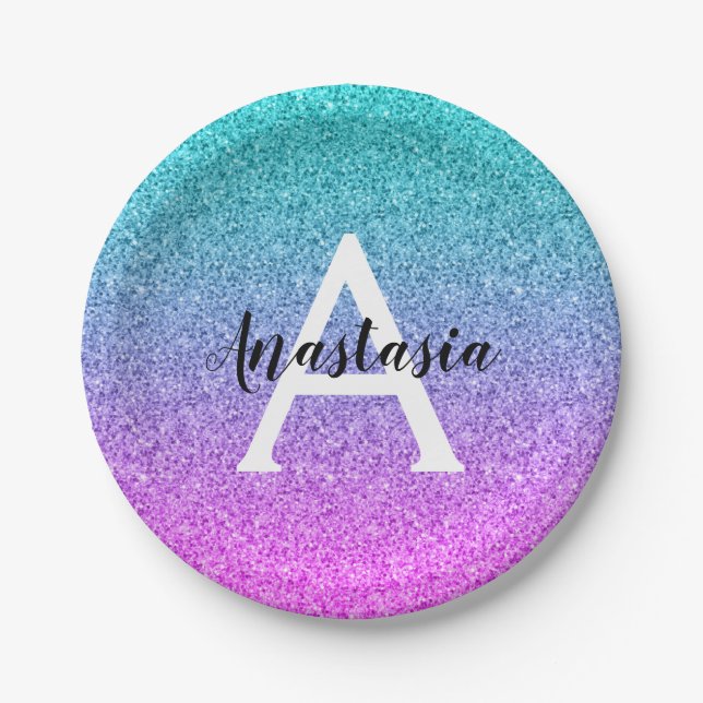 Glam Purple Aqua Glitter Sparkle Gradient Monogram Paper Plate (Front)