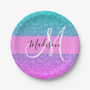 Glam Purple Aqua Glitter Sparkle Gradient Monogram Paper Plate