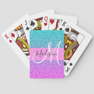 Glam Purple Aqua Glitter Sparkle Gradient Monogram Playing Cards