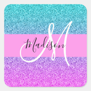 Glam Purple Aqua Glitter Sparkle Gradient Monogram Square Sticker