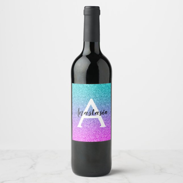 Glam Purple Aqua Glitter Sparkle Gradient Monogram Wine Label (Front)