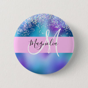 Glam Purple, Blue & Green Glitter Sparkle Monogram 6 Cm Round Badge