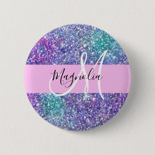 Glam Purple, Blue & Green Glitter Sparkle Monogram 6 Cm Round Badge