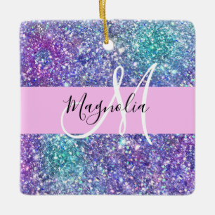 Glam Purple, Blue & Green Glitter Sparkle Monogram Ceramic Ornament