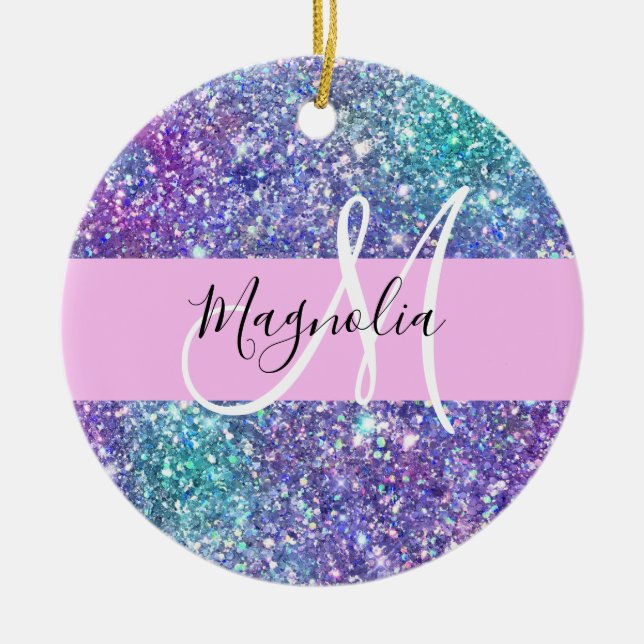 Glam Purple, Blue & Green Glitter Sparkle Monogram Ceramic Tree Decoration (Front)