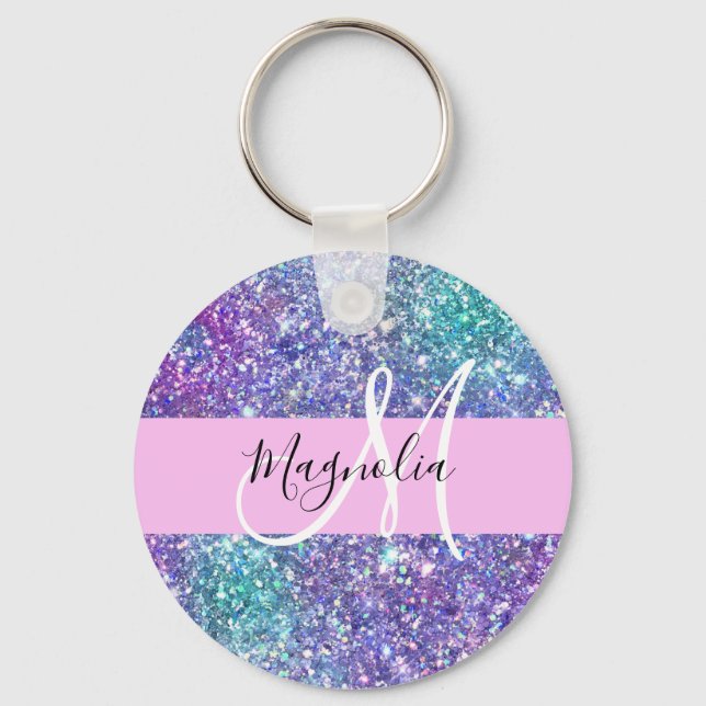 Glam Purple, Blue & Green Glitter Sparkle Monogram Key Ring (Front)