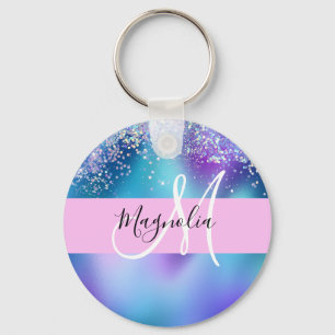Glam Purple, Blue & Green Glitter Sparkle Monogram Key Ring